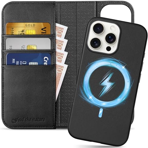 SHIELDON Detachable Leather Wallet Case for iPhone 16 Pro Max 6.9", Black | Genuine Leather, Wireless Charging, Kickstand, Magnetic Closure, RFID Blocking, Credit Card Slot, Folio Shockproof Cover - color: Black, size: for iPhone 16 Pro Max