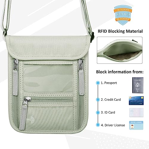 WALNEW Passport Holder Neck Pouch Travel Wallet for Women and Men, RFID Blocking Security Slim Traveling Wallet with Around Neck Lanyard Strap, Light Green - color: Light Gray Green