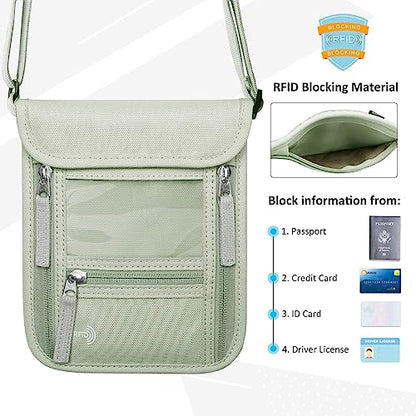WALNEW Passport Holder Neck Pouch Travel Wallet for Women and Men, RFID Blocking Security Slim Traveling Wallet with Around Neck Lanyard Strap, Light Green - color: Light Gray Green