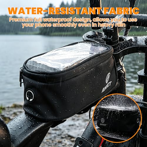 AMYET WB01 Large Waterproof Bike/Bicycle Phone Front Frame Bag,Water-resistant Tube Bag Phone Holder with Touchscreen & Storage,Cycling Pouch, Navigation Bike Accessories for Phone Under 7", Black