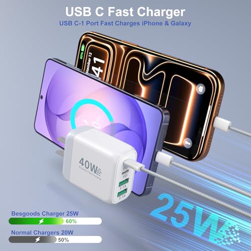40W USB C Wall Charger with 6ft USB-C Cables, Besgoods 25W Fast Charging Kit, 4-Port USB A&USB C Travel Adapter for iPhone 17 16 15 Galaxy S26 S25 iPad Tablets - color: White