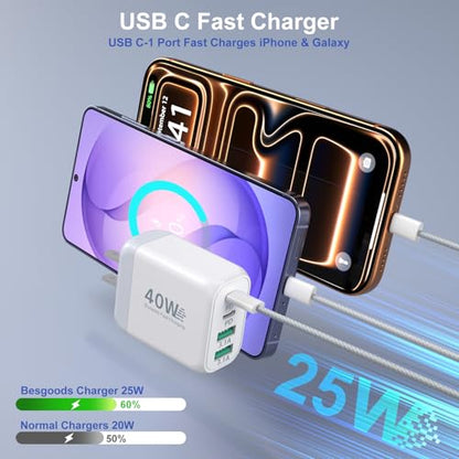 40W USB C Wall Charger with 6ft USB-C Cables, Besgoods 25W Fast Charging Kit, 4-Port USB A&USB C Travel Adapter for iPhone 17 16 15 Galaxy S26 S25 iPad Tablets - color: White