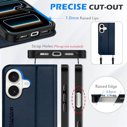 SHIELDON Genuine Leather Case Wallet for iPhone 17 6.3" 2025, Navy Blue | Flip Magnetic Cover, RFID Blocking, Credit Card Slot, Kickstand, Book Design, Soft Shockproof Phone Shell - color: Navy Blue