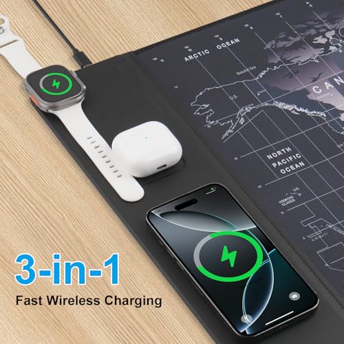 VOVIPO Wireless Charging Mouse Pad 15W, Waterproof Gaming Mousepad with Ultra-Smooth Surface, Non-Slip Base, XXL Large Desk Mat 90 x 40cm,Black World Map Computer Desk Pad for MacBook, PC, Laptop - color: World Map