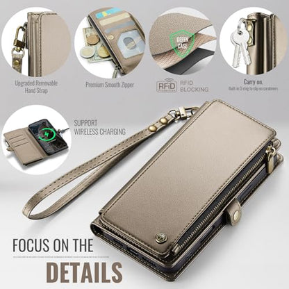 Defencase for iPhone 16 Pro Max Wallet Case with RFID Card Holder, Titanium | Durable Soft PU Leather, with Zipper Pocket, Wrist Strap, Fashion Snap Flip Phone Cases Cover with Stand for Women and Men - color: Desert Titanium