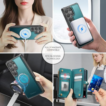 Defencase for Galaxy S26 Ultra Case Wallet Compatible with Magsafe, Green | Magnetic Detachable, RFID Bolcking Card Holder, Zipper Strap, PU Leather Drop-Proof Phone Cover for Samsung Galaxy S26 Ultra - color: (Detachable with Magsafe)-Blue Green