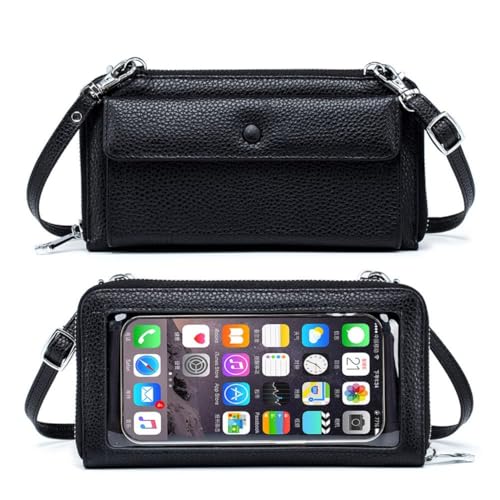 Cell Phone Purse for Women Touch Screen Crossbody Wallet Genuine Leather Mini Bag with Phone Holder Pocket - color: Black