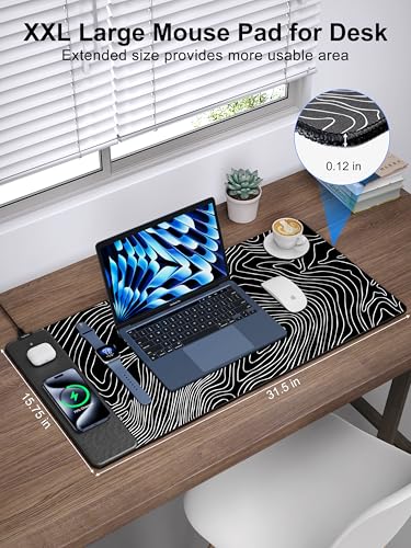 Mouse Pad with Wireless Charging, Large Desk Mat, Black Topographic Map #1 - color: Black Topographic Map #1