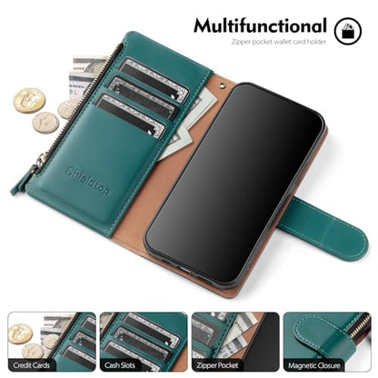 Shieldtop Compatible with Motorola Moto G 2026/2025 / G Play 2026 Wallet Case with Card Holder,Women Men RFID Blocking PU Leather Flip Phone Case Wrist Strap Zipper Credit Card Slots,Blue Green - color: Blue Green, size: Moto G 2026 / 2025 / G Play 2026 -