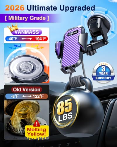 VANMASS Car Phone Holder Ultimate Military-Grade Strongest Suction & Clip Windshield Dash Best Strongest Cell Phone Automotive Dash Gauge Accents for iPhone 18 Pro Max 17 16 15 14 Purple - color: Purple
