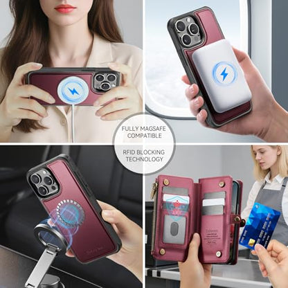 Defencase for iPhone 14 Pro Max Case Wallet Compatible with Magsafe, W-Red | Drop-Proof Magnetic Detachable Phone Cases Cover, with RFID Bolcking Card Holder, Zipper Strap, PU Leather, Removable Wallet - color: (Detachable with Magsafe)-Wine Red