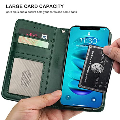Bocasal Detachable Wallet Case Card Holder for iPhone 14, Green | RFID Blocking Kickstand Card Slots Holder PU Leather Magnetic Shockproof Wrist Strap Removable Flip Protective Cover 6.1 inch - color: Green