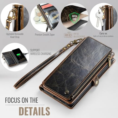 Defencase for Samsung Galaxy S25+/Plus Wallet Case with Card Holder, Coffee | with RFID Blocking Zipper Pocket, Durable PU Leather, Wrist Strap, S25 Plus Flip Phone Cases Cover with Stand for Women Men - color: Coffee