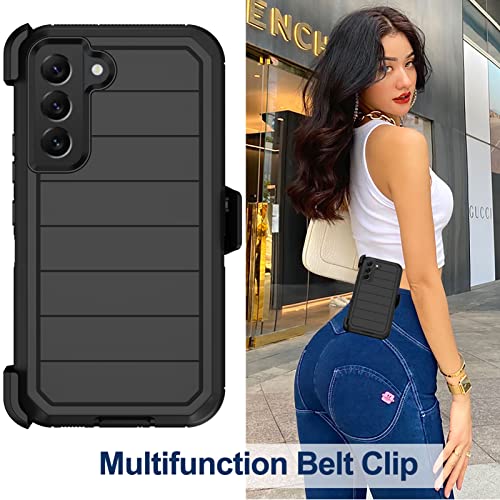 for Samsung Galaxy S22 Case with Belt Clip Holster, 2X Screen Protector, [Military Grade Protection] Heavy Duty Full Body Shockproof Dust-Proof Rugged Protective Cover for Samsung S22 5G (Black B) - color: Black-B