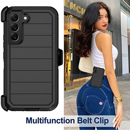for Samsung Galaxy S22 Case with Belt Clip Holster, 2X Screen Protector, [Military Grade Protection] Heavy Duty Full Body Shockproof Dust-Proof Rugged Protective Cover for Samsung S22 5G (Black B) - color: Black-B