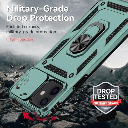 for iPhone 12/ iPhone 12 Pro Case with Camera Lens Cover, Green | HD Screen Protector, 16 FT Military Grade Drop Protection, Magnetic Kickstand Rugged Shockproof Protective Cove - color: Green