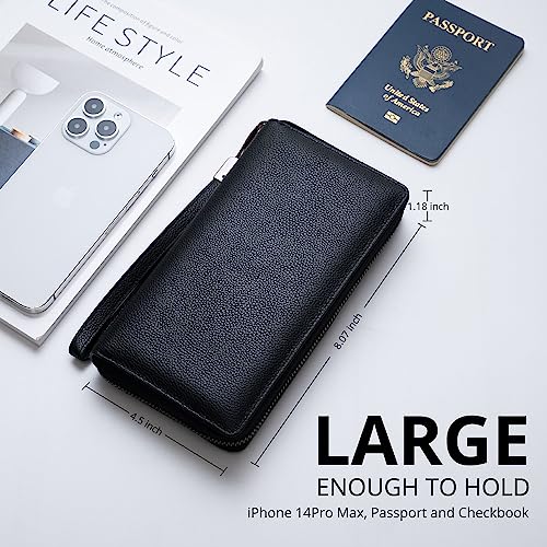Bveyzi Women RFID Blocking Wallet Leather Zip Around Phone Clutch Large Capacity Ladies Travel Purse Wristlet - color: Black