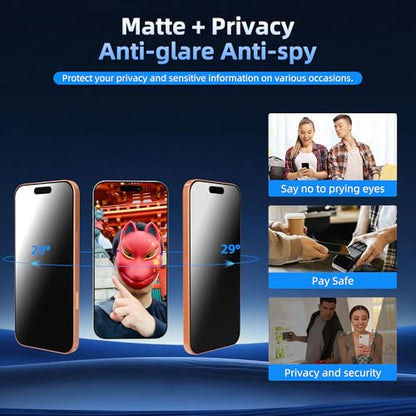 2-Pack Tempered Glass Matte Privacy Screen Protector for iPhone, Anti-spy Auto-Dust Removal, Anti-glare High Definition, Full Coverage No Bubble Easy Installation (For iPhone 16 Pro Max)