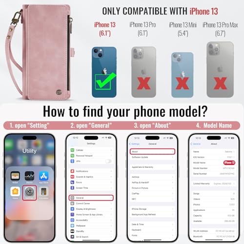 Defencase for iPhone 13 Wallet Case with RFID Blocking Card Holder, Pink | Durable Soft PU Leather, with Zipper Pocket, Wrist Strap, Fashion Snap Flip Phone Cases Cover with Stand for Women and Men - color: Rose Pink