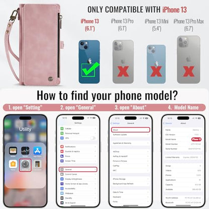 Defencase for iPhone 13 Wallet Case with RFID Blocking Card Holder, Pink | Durable Soft PU Leather, with Zipper Pocket, Wrist Strap, Fashion Snap Flip Phone Cases Cover with Stand for Women and Men - color: Rose Pink