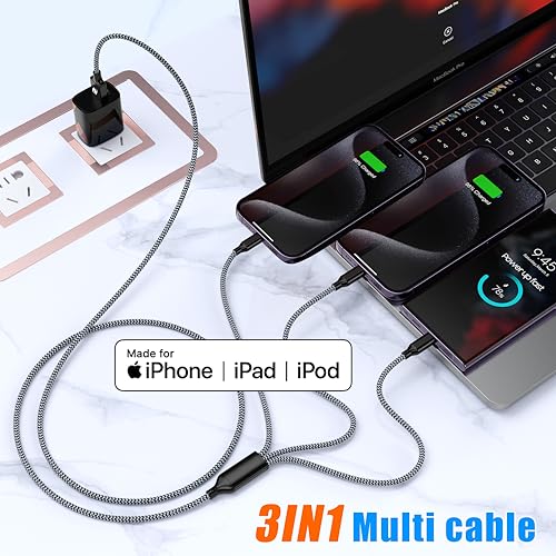 3 in 1 Multi Charging Cable 6ft 2Pack,MFi Certified fast charger cord - color: Grey/Black-6ft