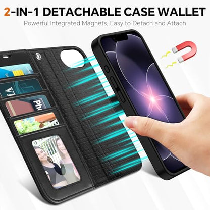 TUCCH 2-in-1 Detachable Wallet Case for iPhone 17e/16e (6.1"), Black | 4 Card Holders, RFID Blocking, Wireless Charging, Kickstand, Wrist Strap, Shockproof TPU, PU Leather, Magnetic, Folio Cover - color: Black