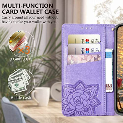 for iPhone 12 Pro/iPhone 12 Wallet Case,Women Flip Folio Cover with Butterfly Embossed PU Leather Kickstand Credit Card Holder Slots Wrist Strap for iPhone 12/12 Pro 6.1 inch (Lavender) - color: Lavender
