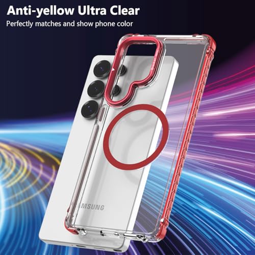 Nvollnoe for Samsung S25 Ultra Case Compatible with MagSafe Military Grade Shockproof Heavy Duty Protective Adjustable Kickstand Ultra Clear Magnetic Phone Case for Samsung S25 Ultra(Red) - color: Clear-Red