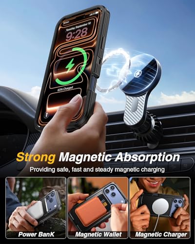 Lanhiem for iPhone 17 Pro Max Magnetic Case with Belt Clip Holster, [Compatible with Magsafe] Heavy Duty Rugged 3 Layer Drop Protection Cell Phone Cover, Anti-Drop with 360° Rotating Kickstand Black