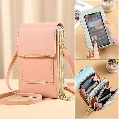 Women's Touch Screen Mobile Phone Messenger Bag, Waterproof Leather Touch Screen Crossbody Phone Purse - color: Brown