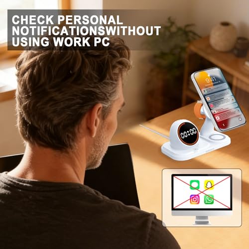 Wireless Charging Station with Clock,6-in-1 Charging Stand - color: White