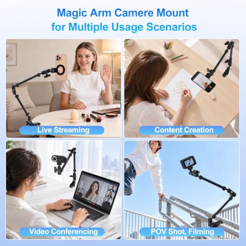 Desk Camera Mount Clamp Magic Arm Kit with Cable Clip for MagSafe for iPhone, Magnetic Overhead Phone Mount, 22" Adjustable Camera Boom Arm with Secure Grip for Smartphone Webcam Action Camera Mic - size: MS09