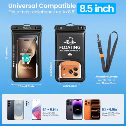 Niveaya IP68 Floating Waterproof Phone Pouch, 2 Pack Up to 8.5" | Water Proof Phone Case with Lanyard for iPhone 17 16 15 Pro Max,Touchscreen & Underwater Photography, Beach Cruise Essentials - color: Black+Black