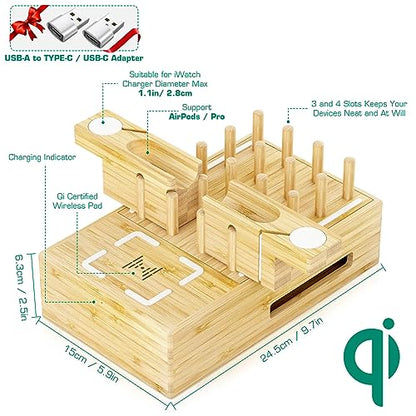 Bamboo Wireless Charging Station for Multiple Devices,Wood Charging Station - color: light bamboo