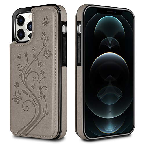 HianDier Wallet Case Compatible with iPhone 12 Pro MAX Case 5G 6.7-inch Slim Protective with Credit Card Slot Holder Flip Folio Soft PU Leather Magnetic Closure Cover, Butterfly Gray - color: Butterfly Gray