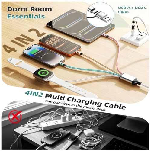 Travel Essentials 4 in 2 Multi Charging Cable for iWatch Charger 2Pack,5FT - color: Light White&Green&Golden&Pink, size: AC to 2C+L+iWatch