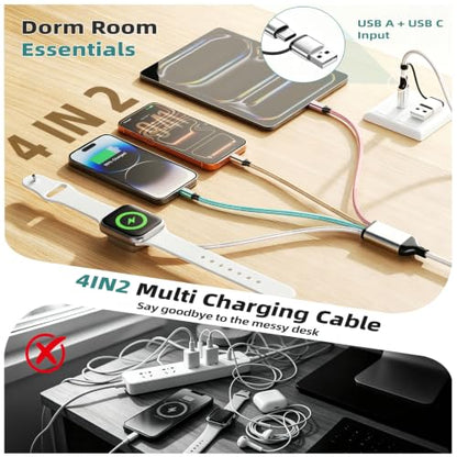 Travel Essentials 4 in 2 Multi Charging Cable for iWatch Charger 2Pack,5FT - color: Light White&Green&Golden&Pink, size: AC to 2C+L+iWatch