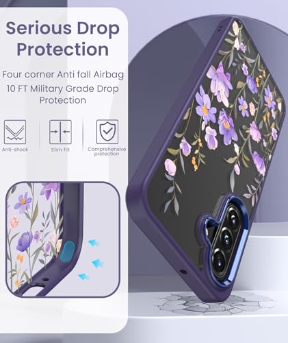 Clear Flower Pattern Case for Samsung Galaxy S26 FE-Deep Purple | Girl Women Slim Soft TPU + Hard PC Military Grade Protective Phone Cover WithTempered Glass Screen Protector for S26 FE - color: S26 FE-Deep Purple