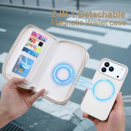 Harryshell Compatible with iPhone 17 Pro Max Case Wallet Multi Zipper Detachable Removable Cover Purse with RFID Blocking Card Slots Holder Mirror Crossbody Strap (Compatible with Magsafe - White) - color: Compatible with Magsafe - White, size: iPhone 17