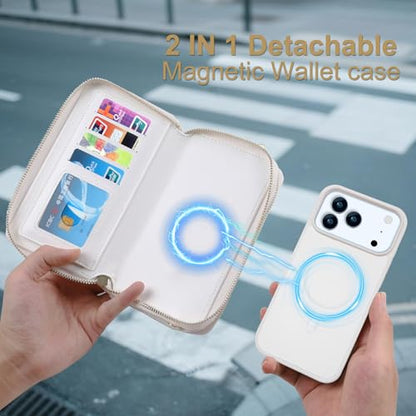 Harryshell Compatible with iPhone 17 Pro Max Case Wallet Multi Zipper Detachable Removable Cover Purse with RFID Blocking Card Slots Holder Mirror Crossbody Strap (Compatible with Magsafe - White) - color: Compatible with Magsafe - White, size: iPhone 17
