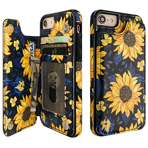 HAOPINSH for iPhone SE(2022) iPhone SE(2020) iPhone 7/8 Wallet Case with Card Holder, Blooming Sunflowers Back Flip Case PU Leather Kickstand Card Slots, Double Magnetic Clasp Cover 4.7" - color: Blooming Sunflowers