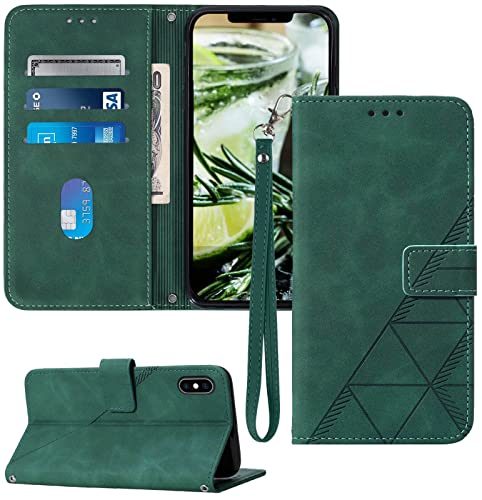 for iPhone X/Xs Flip Wallet Case with Card Slots, Green | PU Leather, TPU Interior, 3 Card Slots, Cash Pocket, Magnetic Clasp, Detachable Wrist Strap, Stand, Precise Cutouts - color: Green