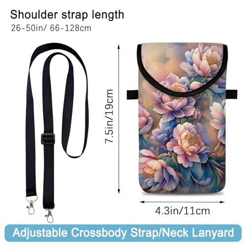 Neoprene Cell Phone Sleeve Pouch Case Bag with Crossbody Strap Neck Lanyard for Women 7.5 X 4.3 in Rich Flower - color: Rich Flowers