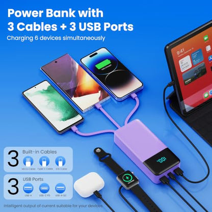 Portable Charger 50800mAh Power Bank with 3 Built in Cables,25W PD QC4.0 Fast Charging USB C Battery Pack,6 Outputs 2 Inputs Travel Essentials Phone Charger for iPhone 18/17/16/15/Pro,Android,Purple - color: Purple
