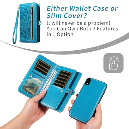 Asuwish Phone Case for iPhone XR 6.1 Zipper Wallet Magnetic Cell Cover with Tempered Glass Screen Protector Strap Flower Card Holder iPhoneXR iPhone10R i Phonex 10XR 10R RX CR iPhoneXRcases Women Blue - color: Blue