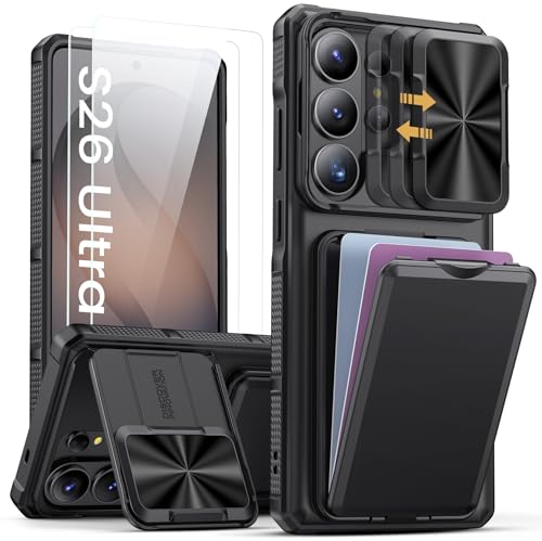 SSLOTSCASE for Samsung Galaxy S26 Ultra Case with 2X Screen Protector, HD Clarity Anti-Scratch, Card Holder & Kickstand & Slide Camera Lens Cover, Heavy-Duty Rugged Phone Cover for S26 Ultra, Black - color: Black-SP, size: S26 Ultra
