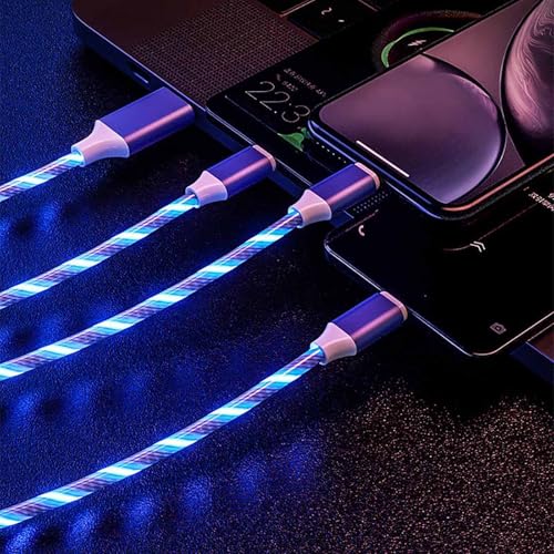 3-in-1 Multi Charging Cable, USB-A to iOS Compatible USB-C Micro-USB, 43 Inch Fast Charging Cord with Blue and Purple LED Light, Nylon Braided Cable