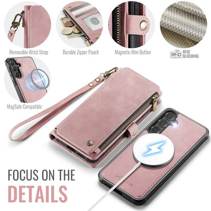 Defencase for Galaxy S25 Plus Case Wallet Compatible with Magsafe, Rosepink | Magnetic Detachable, RFID Bolcking Card Holder, Zipper Strap, PU Leather Drop-Proof Phone Cover for Samsung Galaxy S25+/Plus - color: (Detachable with Magsafe)-Pink