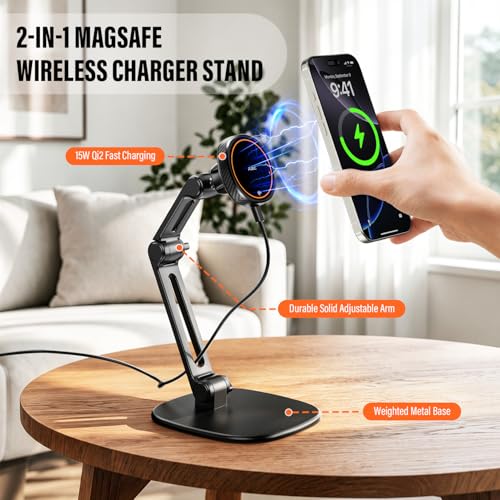 APPS2Car Qi2 15W Wireless Charger Stand Adjustable Phone Holder for Desk - color: Black - Wireless Charging Stand