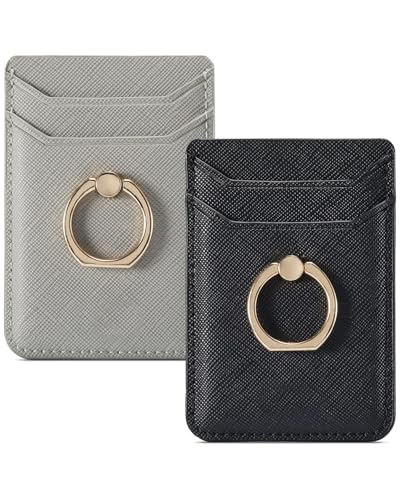 Card Holder for Phone Case 2Pc, RFID Leather Phone Wallet with Ring | Phone Wallet Stick On Back Of Phone Case. ID/Credit Card/Pocket Phone Card Holder for iPhone Andriod. Viewing Freely - color: Grey